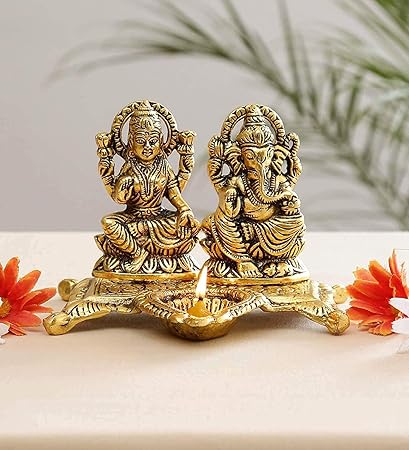 SATMPD White Metal Golden Oxidized Laxmi Ganesh Ji Choki with Diya (Oil Lamp) Decorative Diwali Home Decoration & Gift Item