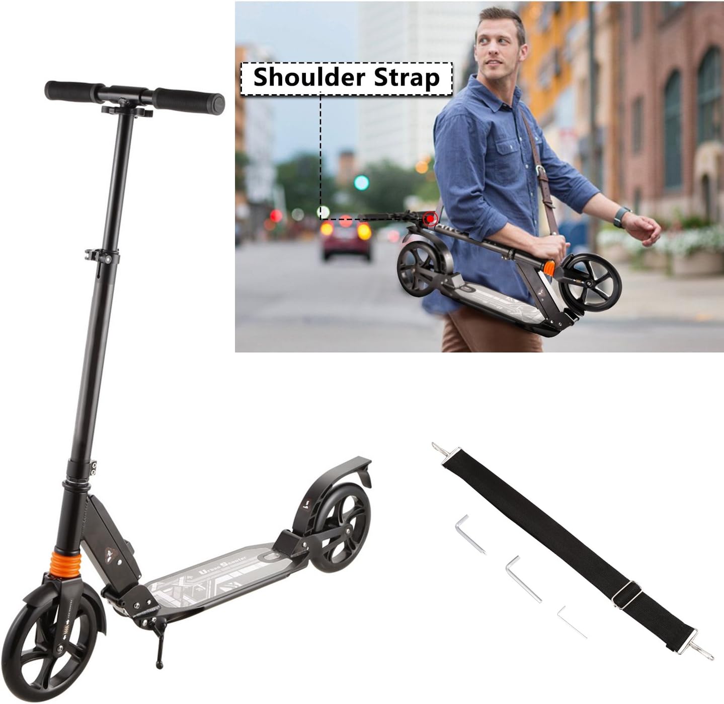 Busyall Adult/Teen Kick Scooter, 2-Wheel 3 Levels Height Adjustable Kick Scooter with Dual Suspension and Rear Brakes, Street Push Scooter for City Urban Riders(US STOCK)