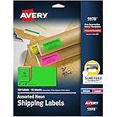 Avery Printable Shipping Labels with Sure Feed, 2" x 4", Assorted Neon Colors (Magenta, Green, Yellow), Laser & Inkjet Compatible, 150 Blank Labels Total (5978)
