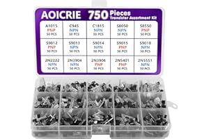 AOICRIE 15 Values 750pcs BJT Transistor Kit A1015 C945 C1815 S8050 S8550 S9012 S9013 S9014 S9015 S9018 2N2222 2N3904 2N3906 2N5401 2N5551 PNP NPN Power General Purpose Transistors Assortment Kit