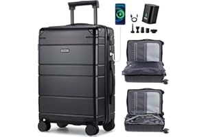 Tavoxda Carry on Luggage with Vacuum Compression and Pump, PC Black Hardshell Suitcase with Spinner Wheels, TSA Lock & USB Ch