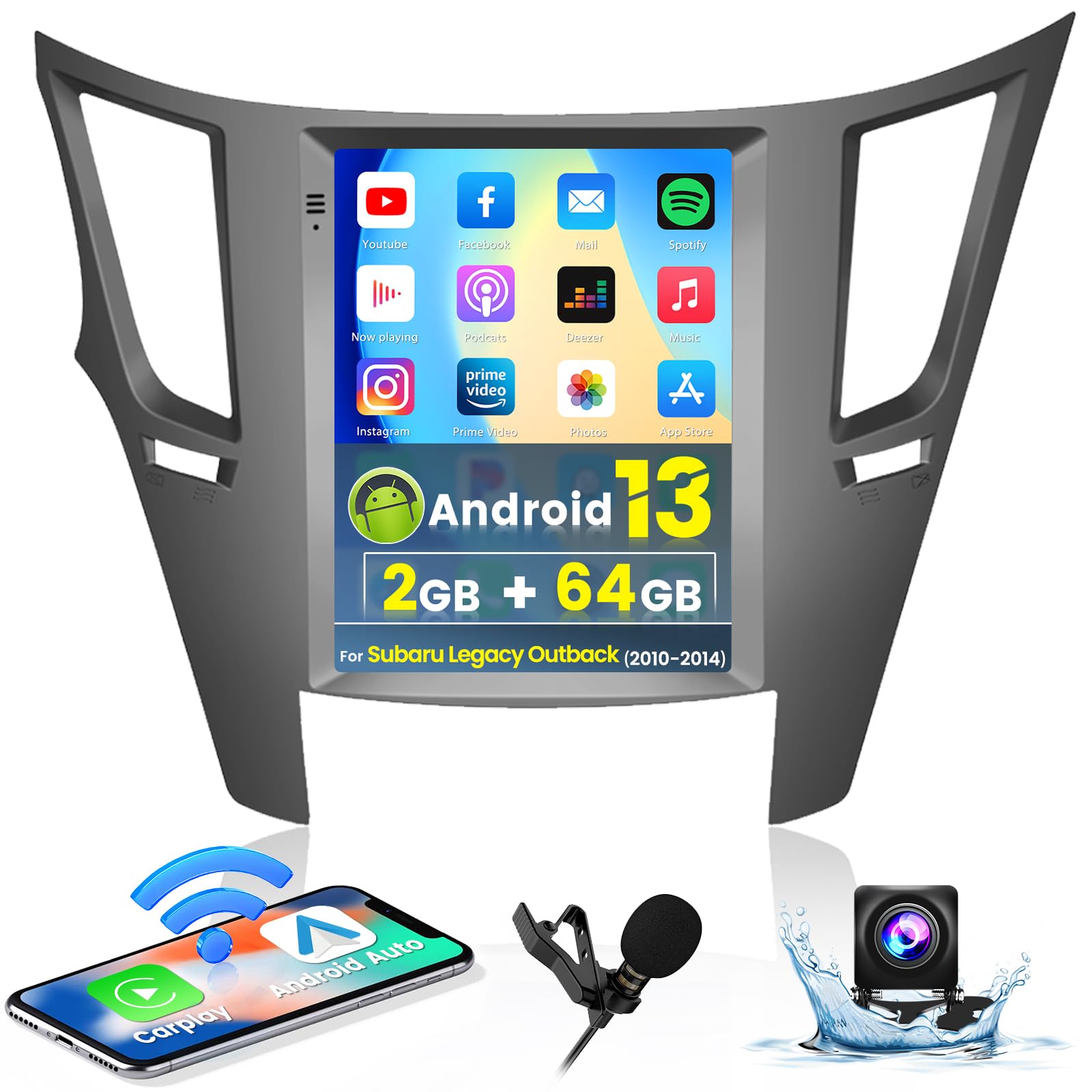 Photo 1 of 5G WiFi 2G+64G Radio for Subaru Legacy Outback 2010-2014, 9.7 Inch Android 13 Touch Screen Car Stereo with Wireless Carplay/Android Auto, Bluetooth, GPS, SWC, HiFi + Backup Camera