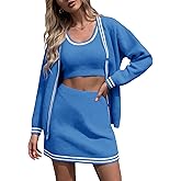 Fisoew Womens Sweater Sets Knit 3 Piece Casual Long Sleeve Button Cardigan High Waisted A Line Skirts Workout Lounge Set