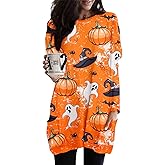 JINTING Women Halloween Sweatshirt Pumpkin Cat Long Sleeve Funny Doddle Graphic Printed Pullover Dress Fall Shirt Tops