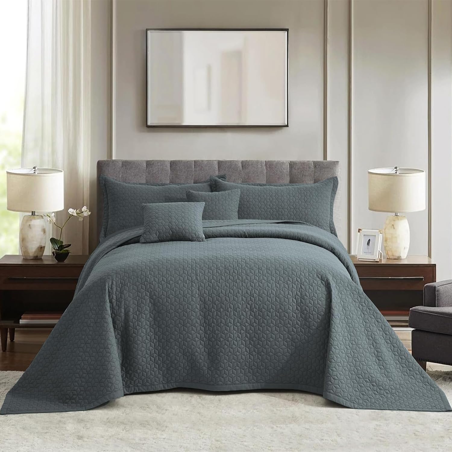 Photo 1 of Blythease Oversized King Bedspread 128x120 Extra Wide, Modern & Contemporary Look, Lightweight Bedding Cover, Reversible, 5 Piece, 100% Microfiber, Silver Grey