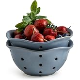 Gomakren Ceramic Berry Basket, 6in Floral Fruit Bowl with Holes, Slate Blue | Easy Draining Keep Berries Fresh, Space-Saving Storage Set of 2 Fruit Storage Containers for Counter, Strawberry Grape Cherry
