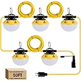 LED Construction String Light 50FT, 50W 6000Lm,18AWG Wire,5000K Linkable String Work Lights with 5 Bulbs & Hooks, Industrial Temporary Lighting for Construction Site, Crawl Space,Job Site,Attic