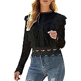 aromm Women's Hollowed Lace Blouse Soft Long Sleeves Ruffle Trim Elegant Shirt Tops