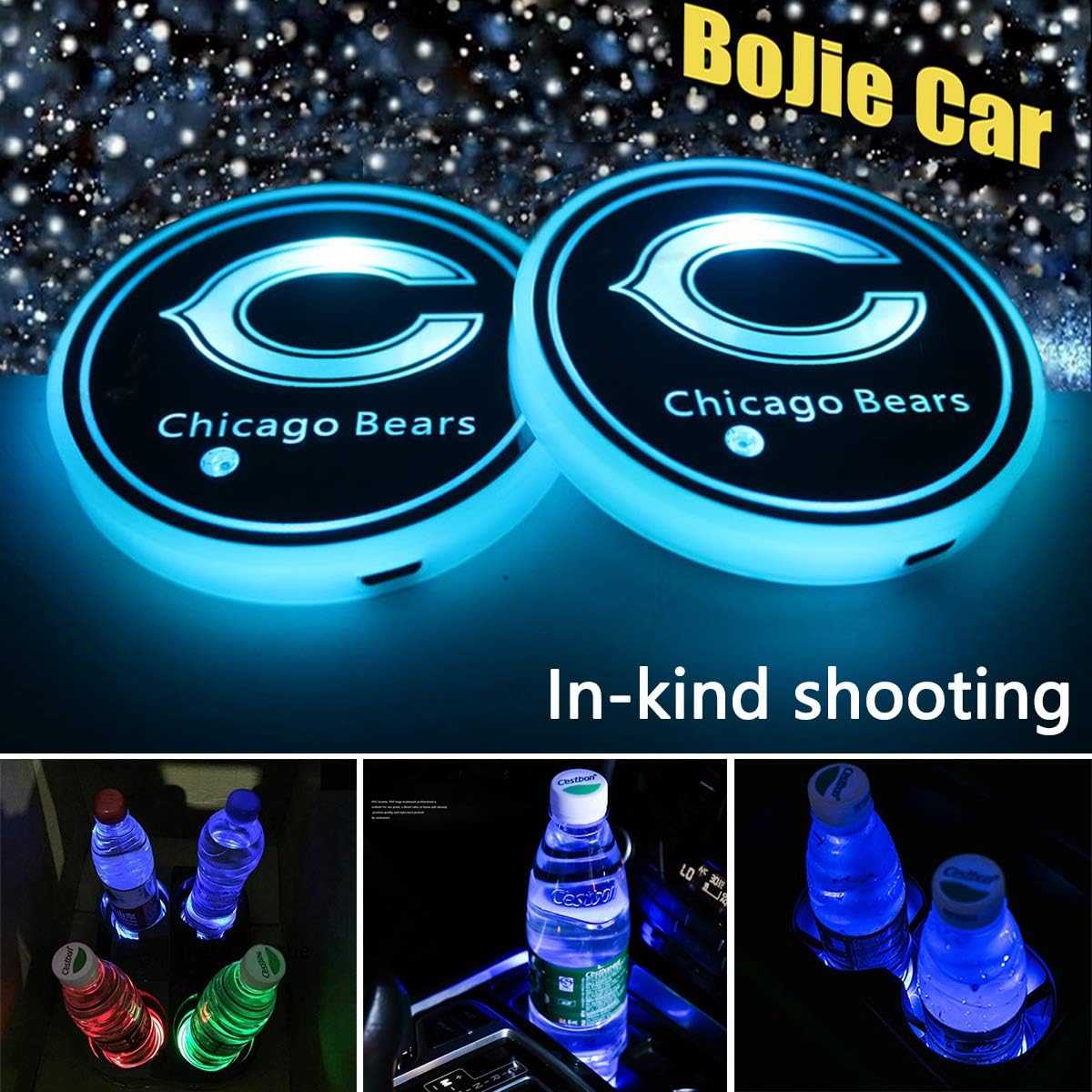 2pcs LED Car Bears Logo Cup Holder Lights for Bears,7 Colors Changing USB Charging Mat Luminescent Cup Pad, LED Interior Atmosphere Lamp Decoration Light. (Bears)