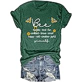 Huange Women Cute Bee Graphic Tee Shirts Short Sleeve Inspirational Funny Letter Print Summer Loose Tee Tops