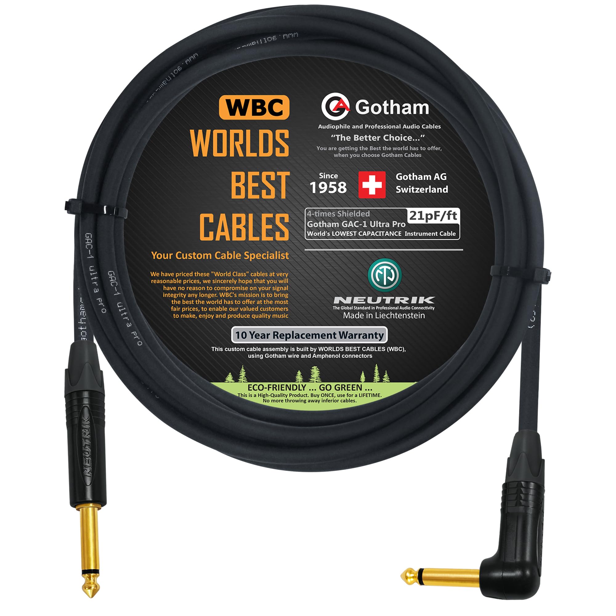 WORLDS BEST CABLES 5 Meter - Gotham GAC-1 Ultra Pro - Premium, Low-Capacitance (21 pf/Ft) Guitar Bass Instrument Cable - with Straight to Angled 6.35mm Neutrik Gold Plated TS Connectors
