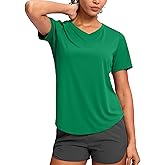 Womens Workout Tops V-Neck Short Sleeve UPF 50+ Sun Shirt Moisture Wicking Quick Dry Top for Gym, Running, Athletic