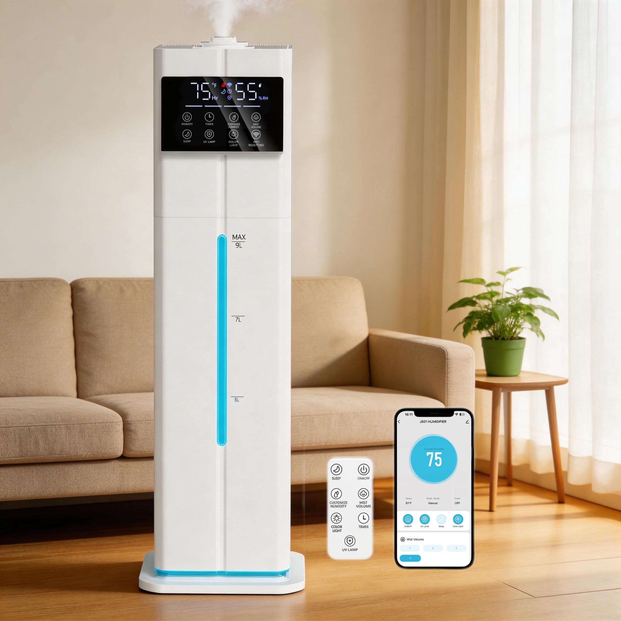 Photo 1 of **********MISSING PARTS*******
Zeova 9L/2.4Gal Smart Cool Mist Humidifier, Top Fill Quiet Humidifier Large Room, Covers 550ft², App & Remote Control, 60H Runtime, 7 Colors Light, White