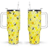 Mindunm 40 oz Bee Tumbler with Handle and Straw Lid Bee Themed Gifts for Beekeeper Bee Lovers Double Insulated Cup Travel Coffee Mug