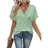 EyMuse Womens Tshirts V Neck Short Sleeve Tee Solid Color Blouse Loose Fit 2025 Summer Casual Tops,Light Green,L