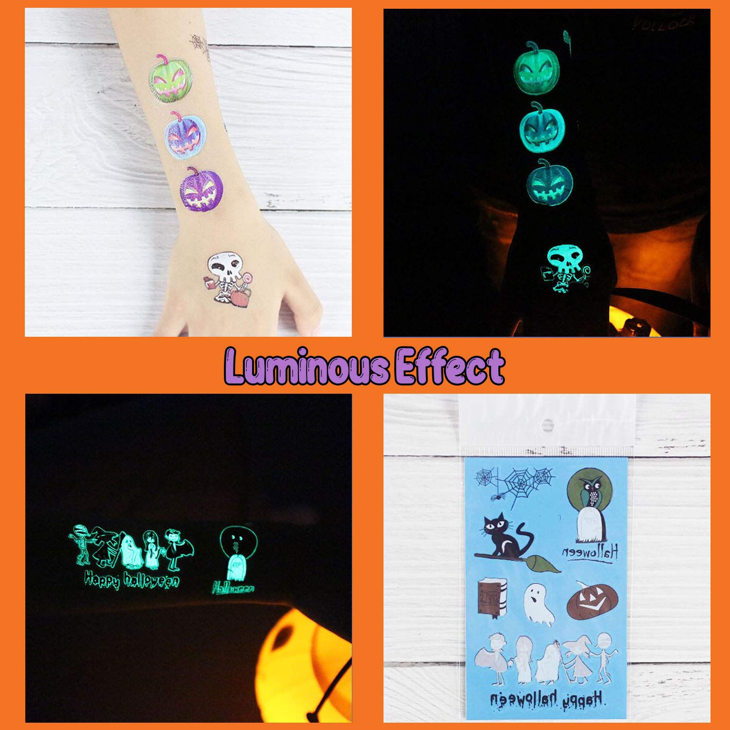 Partywind 10 Sheets Luminous Halloween Temporary Tattoos for Kids, Glow Halloween Decorations Birthday Party Favors Supplies, Halloween Fake Tattoos Goodie Bag Fillers Games Accessories for Party