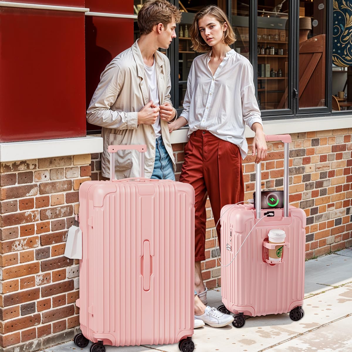 Krute Carry on Luggage 20 Inch USB Suitcases with Spinner Double Wheels Cup Holder PC+ABS Hardside Luggage with TSA Lock (Pink)