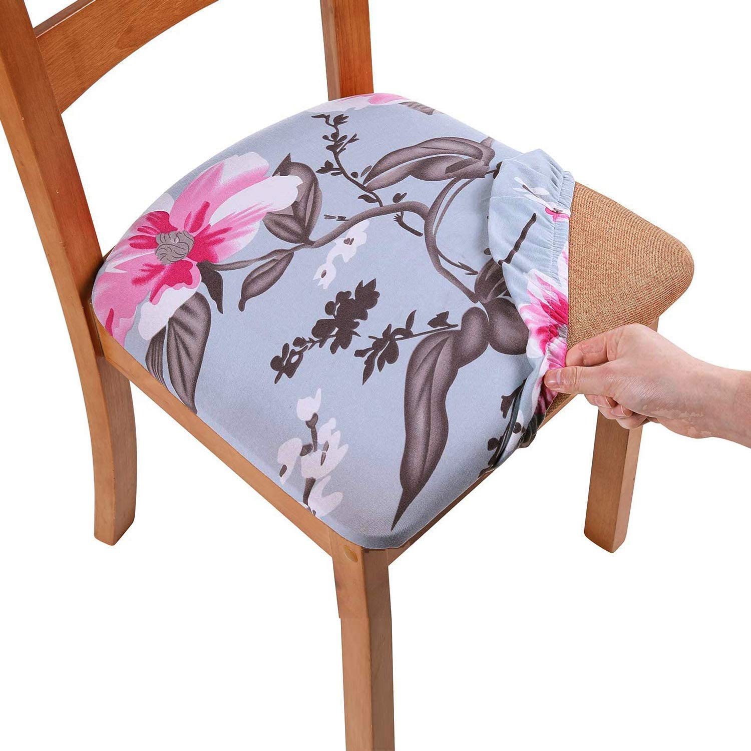 TEERFU Stretch Chair Seat Covers for Dining Room, Elastic Dining Chair Seat Protector Cover Removable Washable Chair Slipcovers with Ties, Set of 4