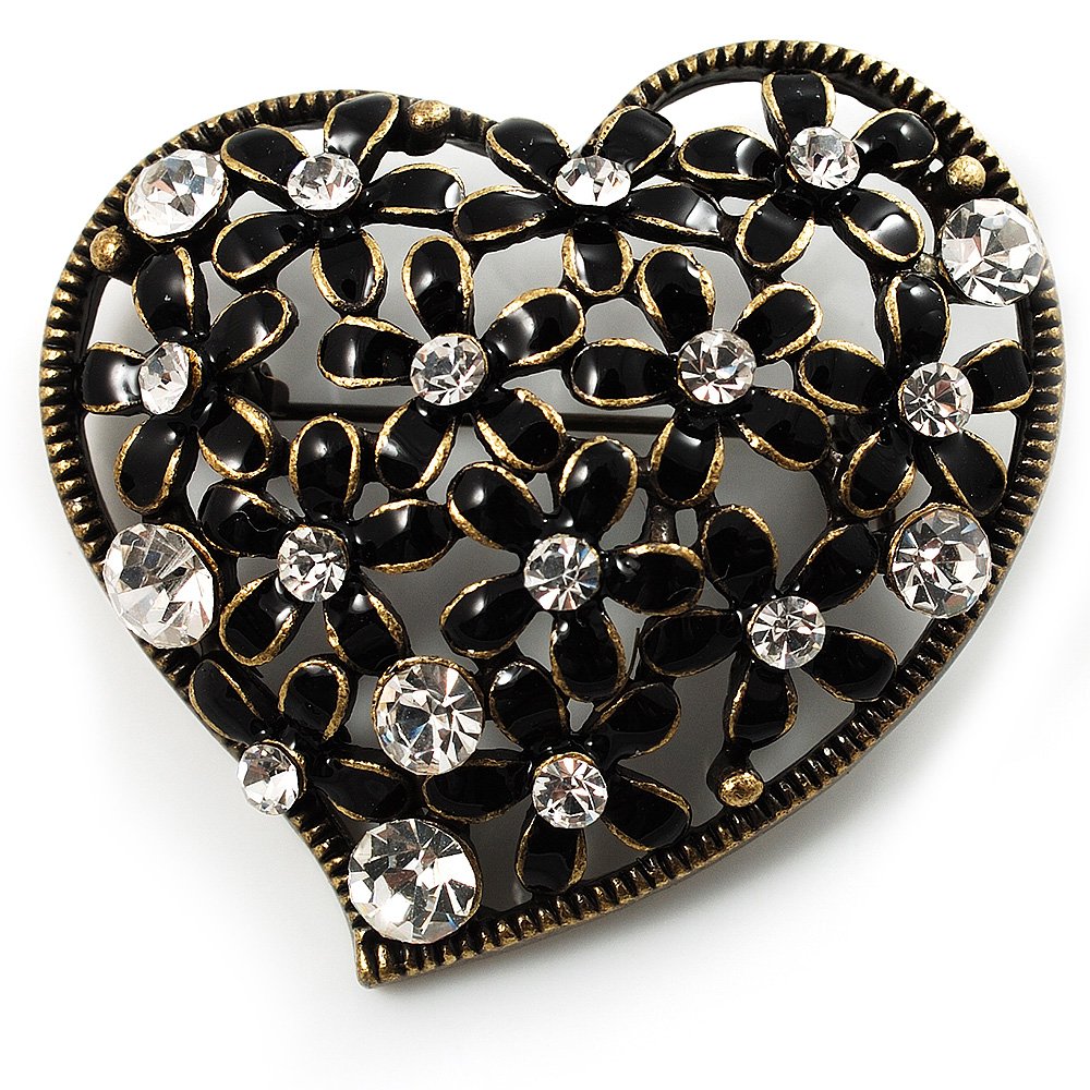 Vintage Crystal Heart Brooch (Bronze Tone)
