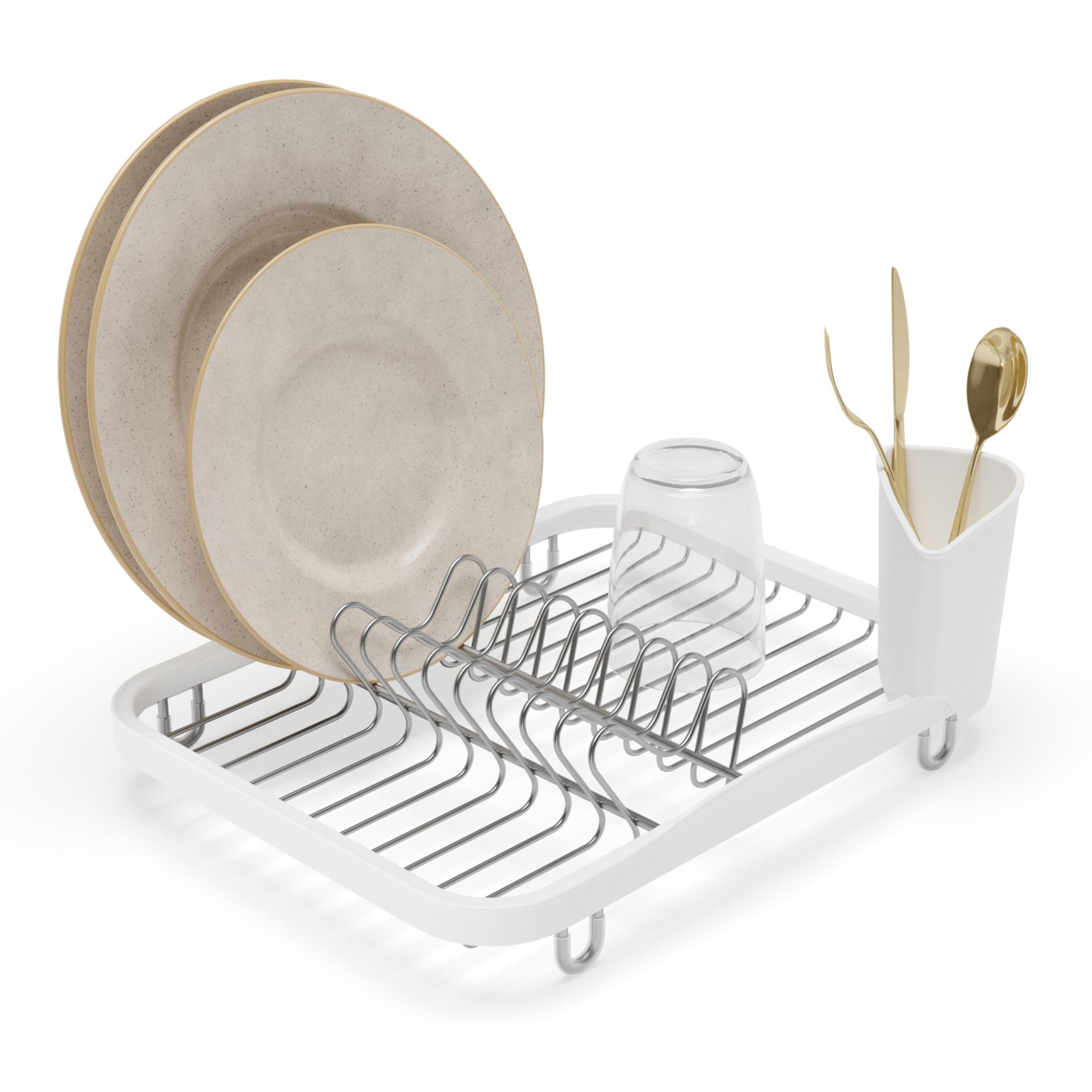 Umbra Sinkin Dish Drying Rack – Drainer Caddy with Removable Cutlery Holder – Use In Sink or On Counter, Standard, White/Nickel