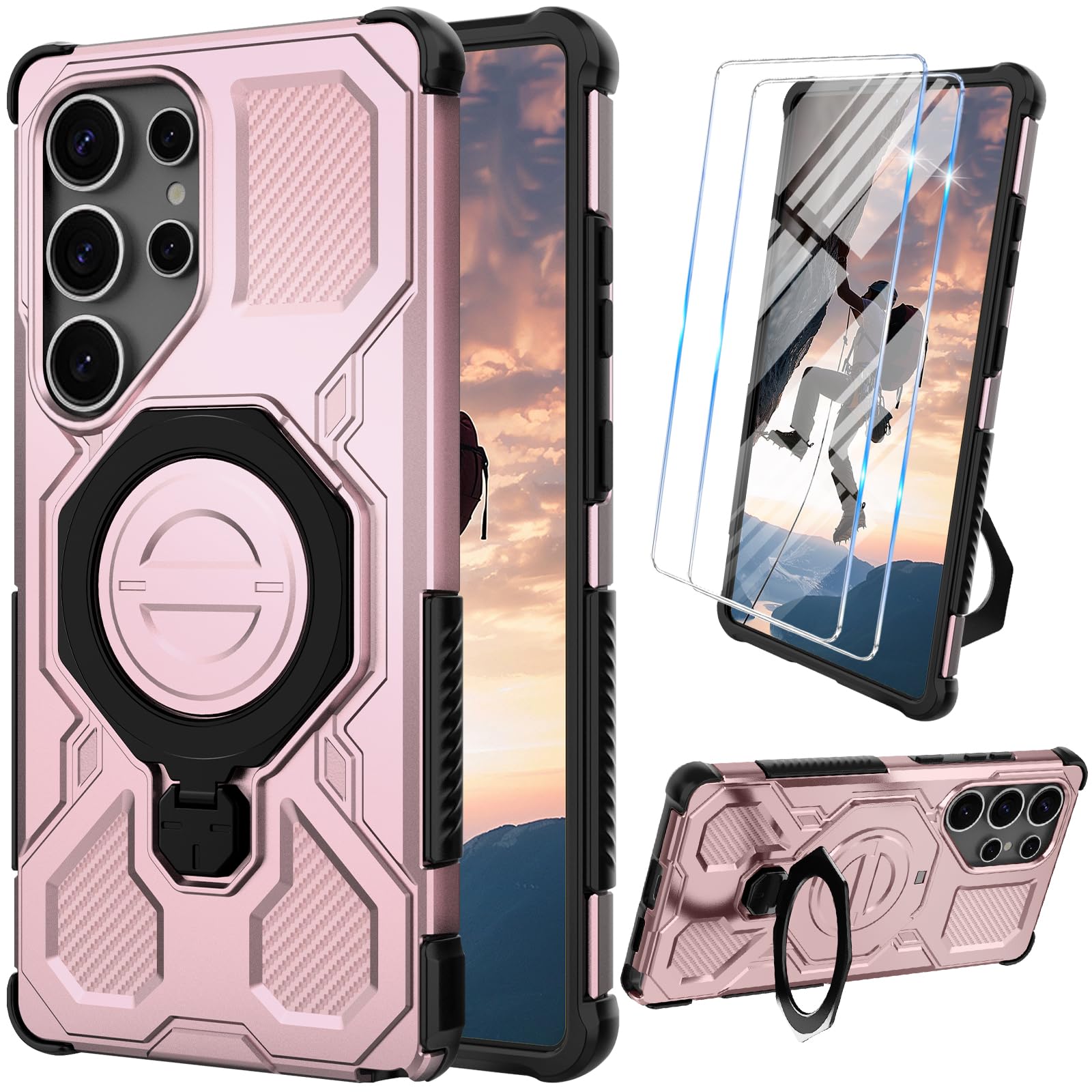 for Samsung Galaxy S25 Ultra Case with Tempered Glass Screen Protector, Heavy Duty Military Grade Shockproof Protective Cover 360° Ring Magnetic Kickstand Cell Phone Case for Samsung S25 Ultra (Pink)