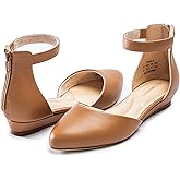 Cusolemore Women Flat Shoes with Ankle Strap, Low Wedge Heel Flats for Women, Comfortable Pointed Toe Dress Shoes for Work Business Wedding