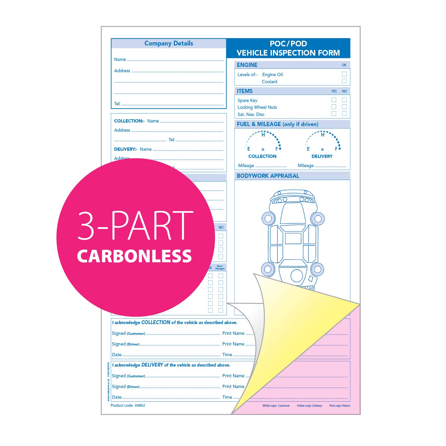 Ocean Pads POC & POD Vehicle Inspection Pad, A4, 3-Parts Triplicate, Carbonless Paper (Product Ref 69882) [Pack 1]