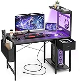 Grandder Gaming Desk 40 Inch with Power Outlet and LED Light, Computer Desk with Reversible Shelves and Storage Drawer, Pc Small Desk for Home Office Table with Bag, Carbon Fiber Black