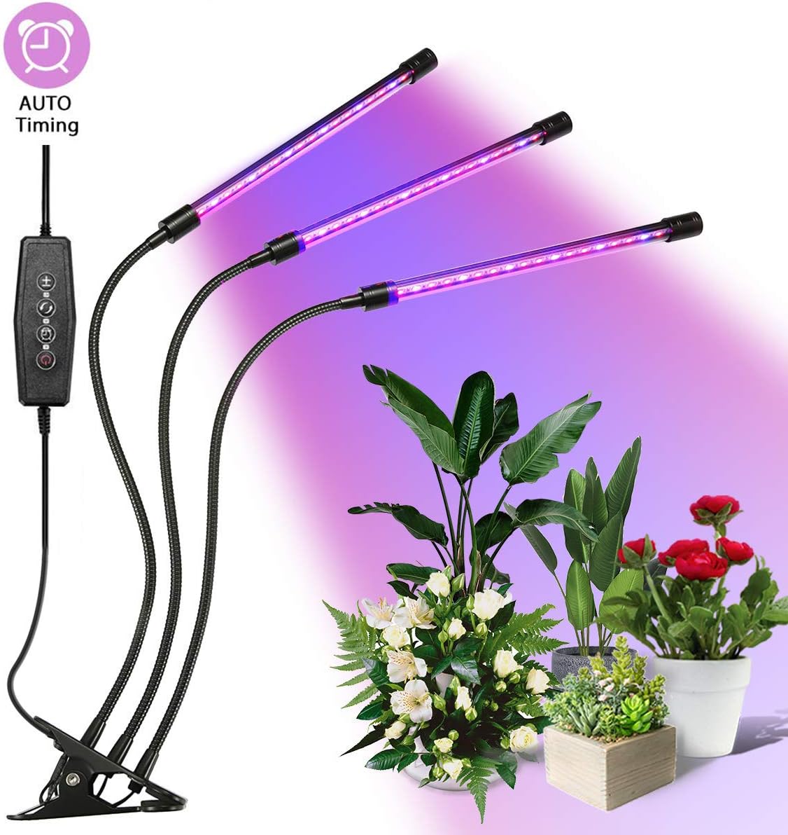 27W Plant Grow Light with Auto Turn On Function, 54 LED Plant Grow Lamp with 3/6/12H Timer, 3-Head Divide Control Adjustable Gooseneck, 5 Dimmable Levels for Indoor Plants