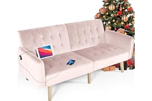 TYBOATLE 65" W Velvet Modern Convertible Folding Futon Couch Sofa Bed w/ 2 USB Charging Ports and arms, Loveseat for Compact Living Space, Dorm, Game Studio, Bonus Room, Apartment, Bedroom (Pink)