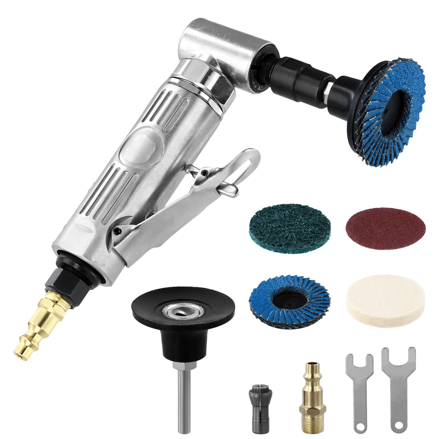 QWORK® Compressed Air Angle Die Grinder - 1/4" 90 Degree Mini Angle Grinder Air Sander Tool for Precision Polishing & Grinding with 4pcs 2" Sand Discs