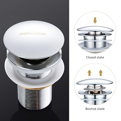 Ablaufgarnitur ohne Überlauf, BONADE Pop up Ablaufventil mit Push-open-Technik Siphon Stöpsel Abfluss Ventil für Waschbecken 
