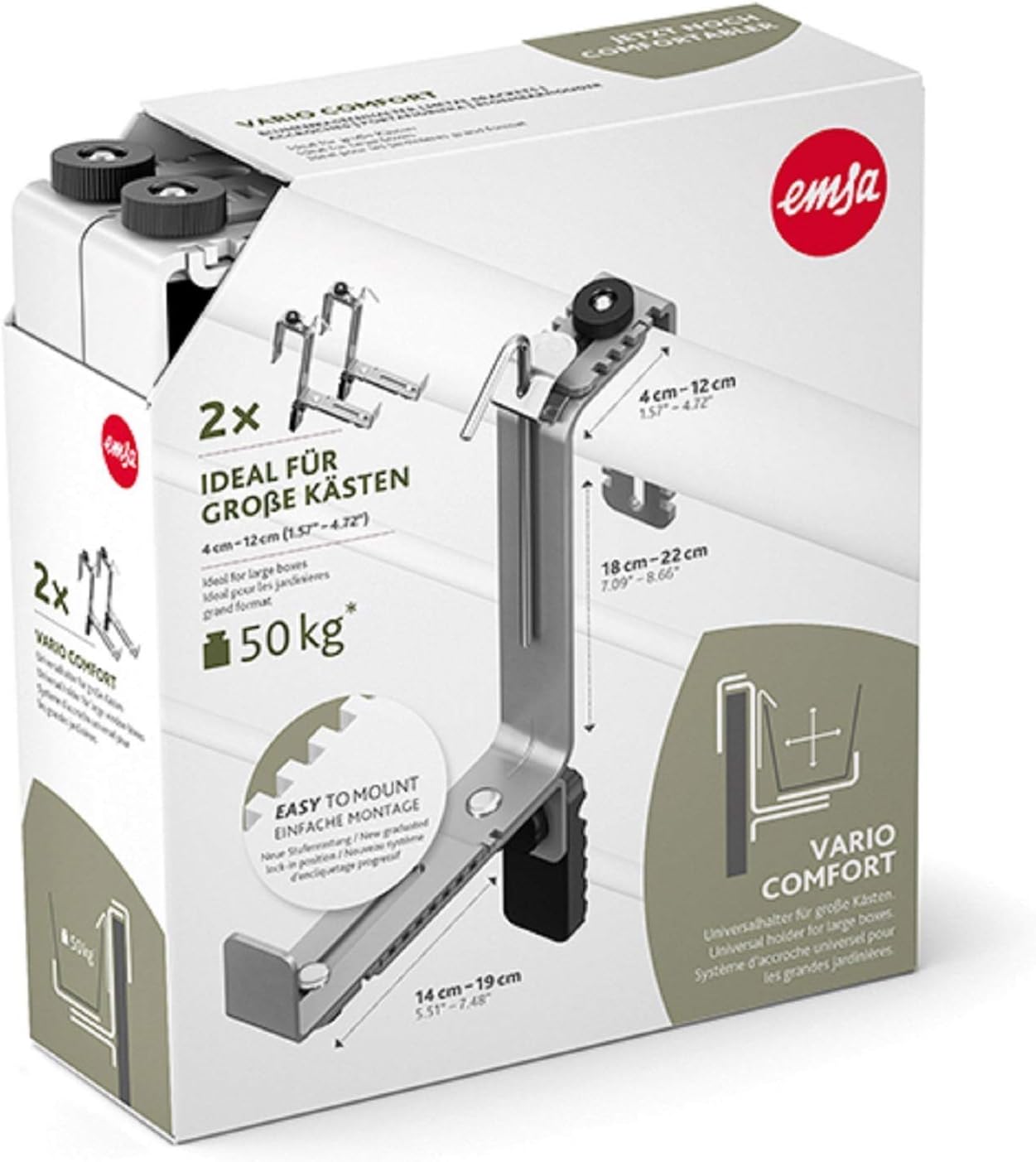 Emsa 516707 Vario Comfort Blumenkastenhalter, für Geländerbreiten von 4 - 12 cm, besonders geeignet für große Kästen, granit