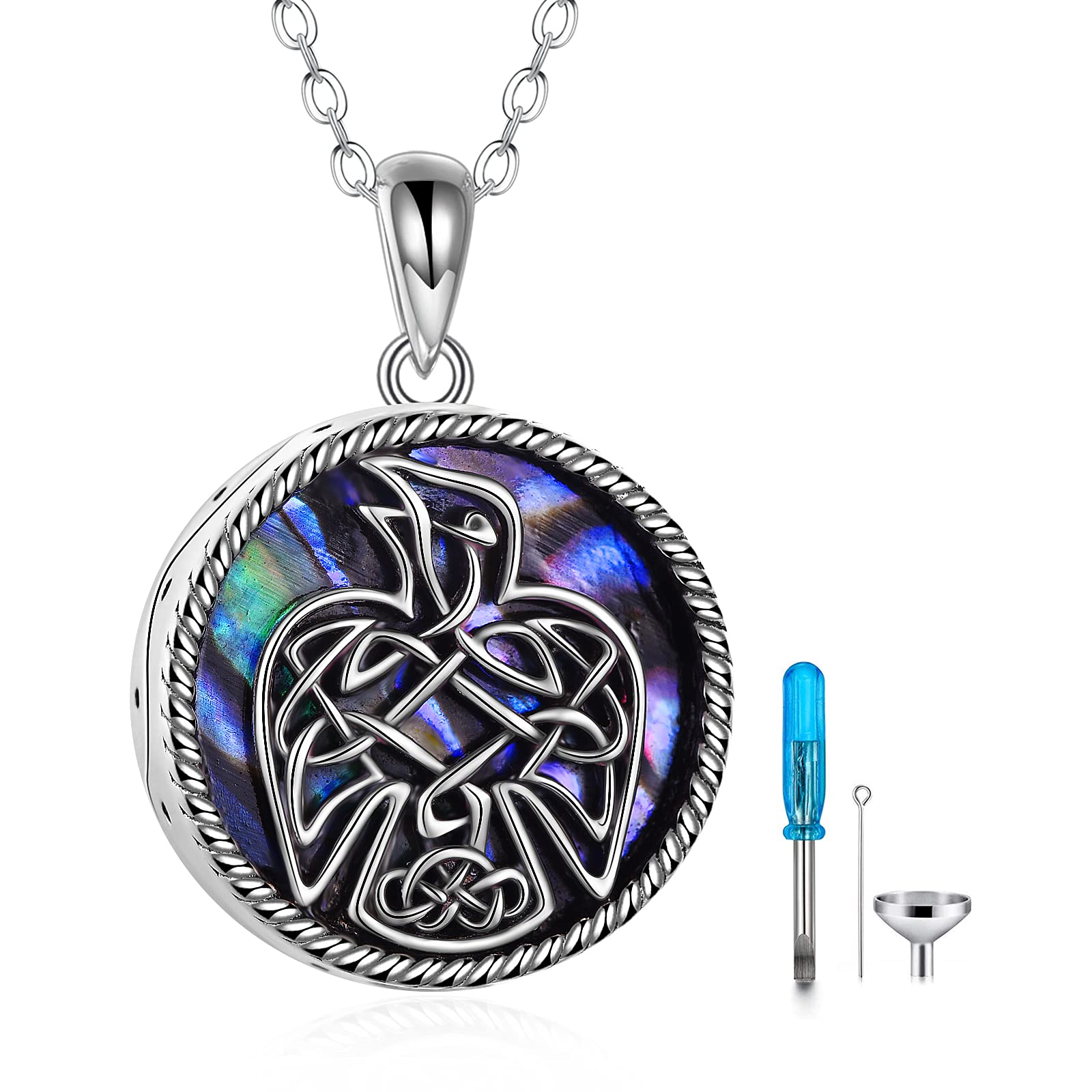 Raven Urn Necklaces for Ashes Sterling Silver Abalone Shell Cremation Memorial Jewelry for Women Men