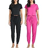 Real Essentials 2 Pack: Women's Ribbed Knit Lounge Sets – Short Sleeve Top with Jogger Sweatpants