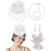 5Pcs Fascinator and Gloves Set for Women Tea Party Veil Mesh Funeral Cocktail First Communion
