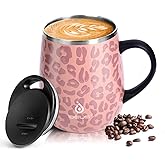 Ideus 16 oz (470 ml) Insulated Coffee Mug with Handle and Lid, Double Wall Stainless Steel Vacuum Thermal Coffee Mug, Travel Coffee Cup Thermal Cup for Home and Office, Leopard Pink