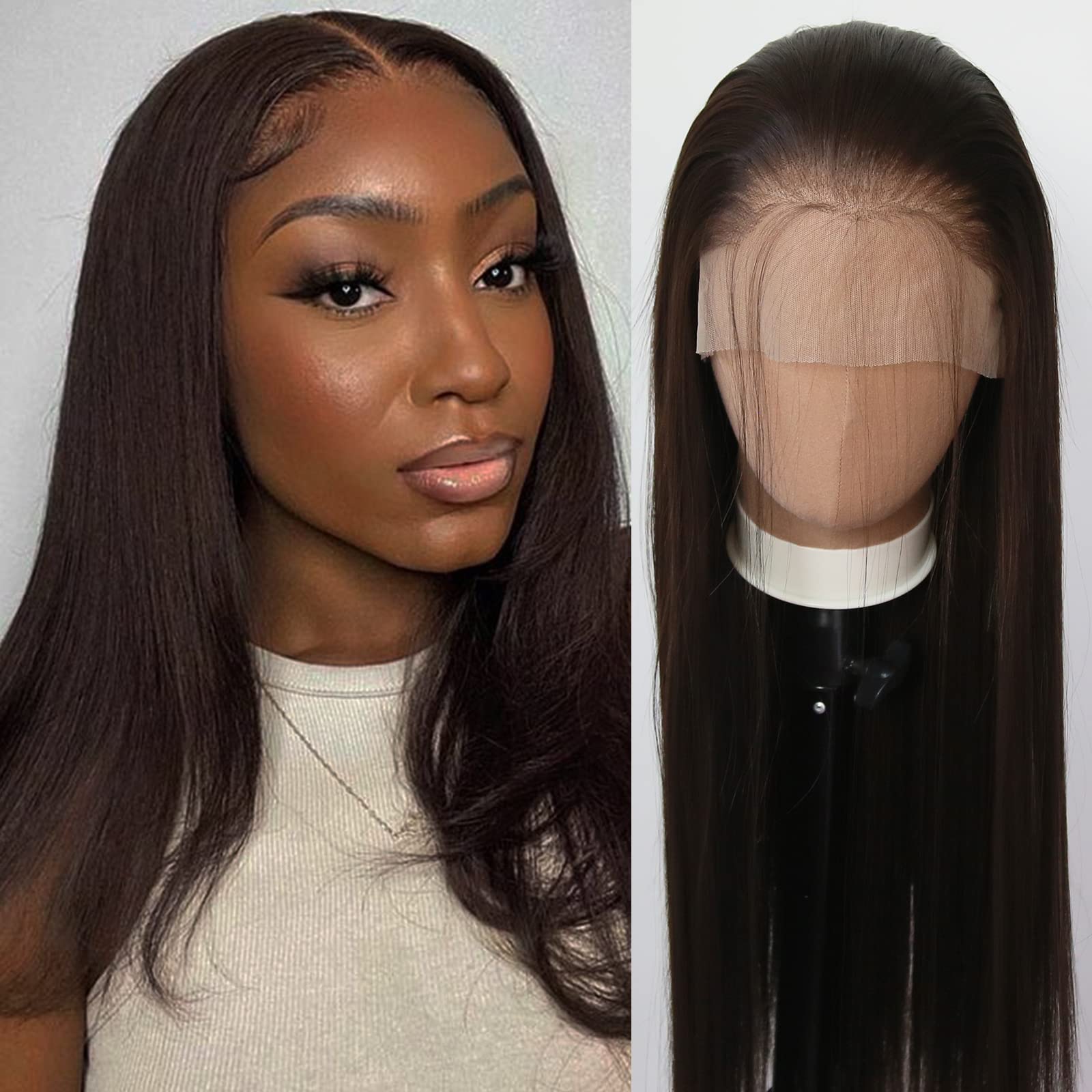 Towarm Dark Brown Wig Long Straight Chocolate Brown Synthetic Lace Front Wigs Pre Plucked Natural Hairline with Baby Hair for Black Women Sorrel Heat Resistant Fiber Hair Cosplay Daily Wear Wig — image 1