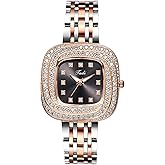 Lancardo Luxury Women's Square Watch: Analog Quartz Bling Full Rhinestone Sparkling Dial Silver-Rose Gold Strap Ladys Dress Wristwatch