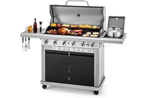 MFSTUDIO 7 Burner BBQ Gas Propane Grill with Searing Side Burner, Porcelain-Enameled Cast Iron Grates and Dual-Side Griddle Combo for Outdoor Barbecue Cooking