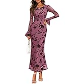 ZESICA Women's 2026 Bell Long Sleeve Floral Maxi Dress Spring Fashion Bodycon Mesh Wedding Guest Cocktail Party Dresses