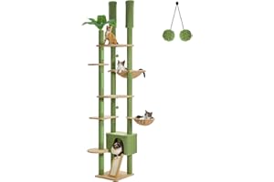 PEQULTI Tall Cat Tree, Floor to Ceiling Cat Tree Tower Adjustable [90.5''-100.4''=230-252CM] with Cat Condo, Cat Hammock and Scratching Post, Climbing Tree for Indoor Large Cats, Green