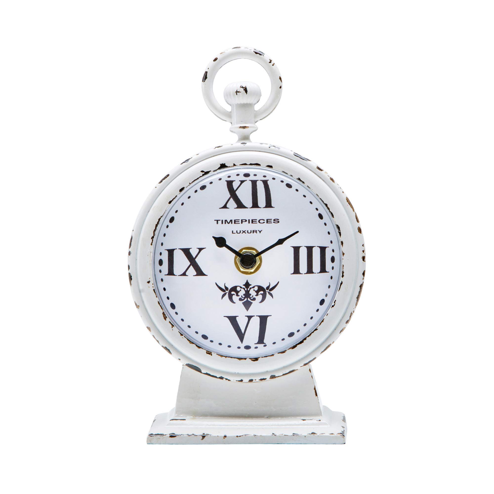 NIKKY HOME Vintage Mantel Clock, White Rustic Metal Analog Clock, Battery Operated, Distressed Style, 4.7 x 2.4 x 7.6 Inch