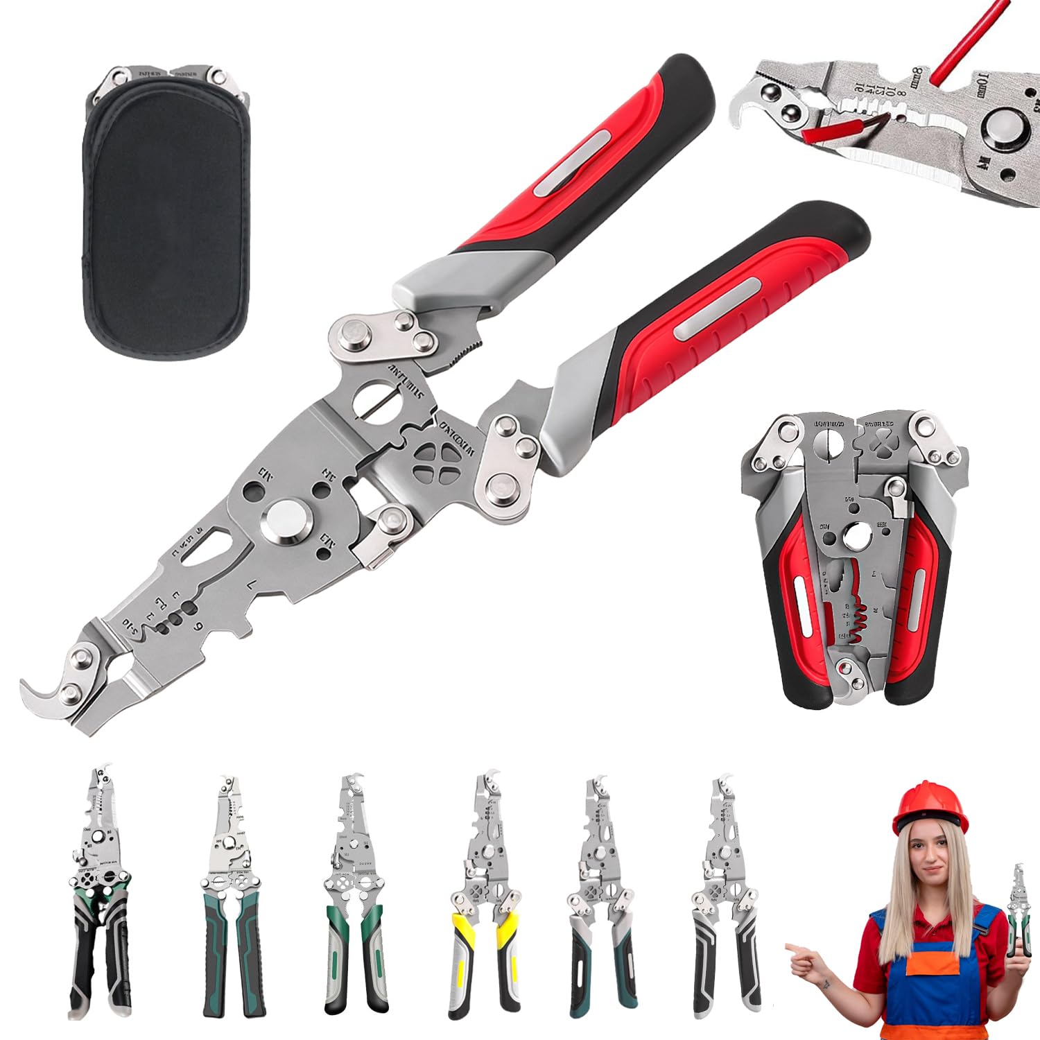 Photo 1 of 18 in 1 Foldable Wire Stripper, Multifunctional Folding Professional Wire Cutters, Multifunctional Wire Strippers Crimper Cable Cutter Pliers, Wire Stripper Tool (Red)