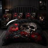 Tuzaovy Gothic Twin Size Skull Bedding Set with Comforter, Rose Comforter, Halloween Bed, Black Skull Quilt