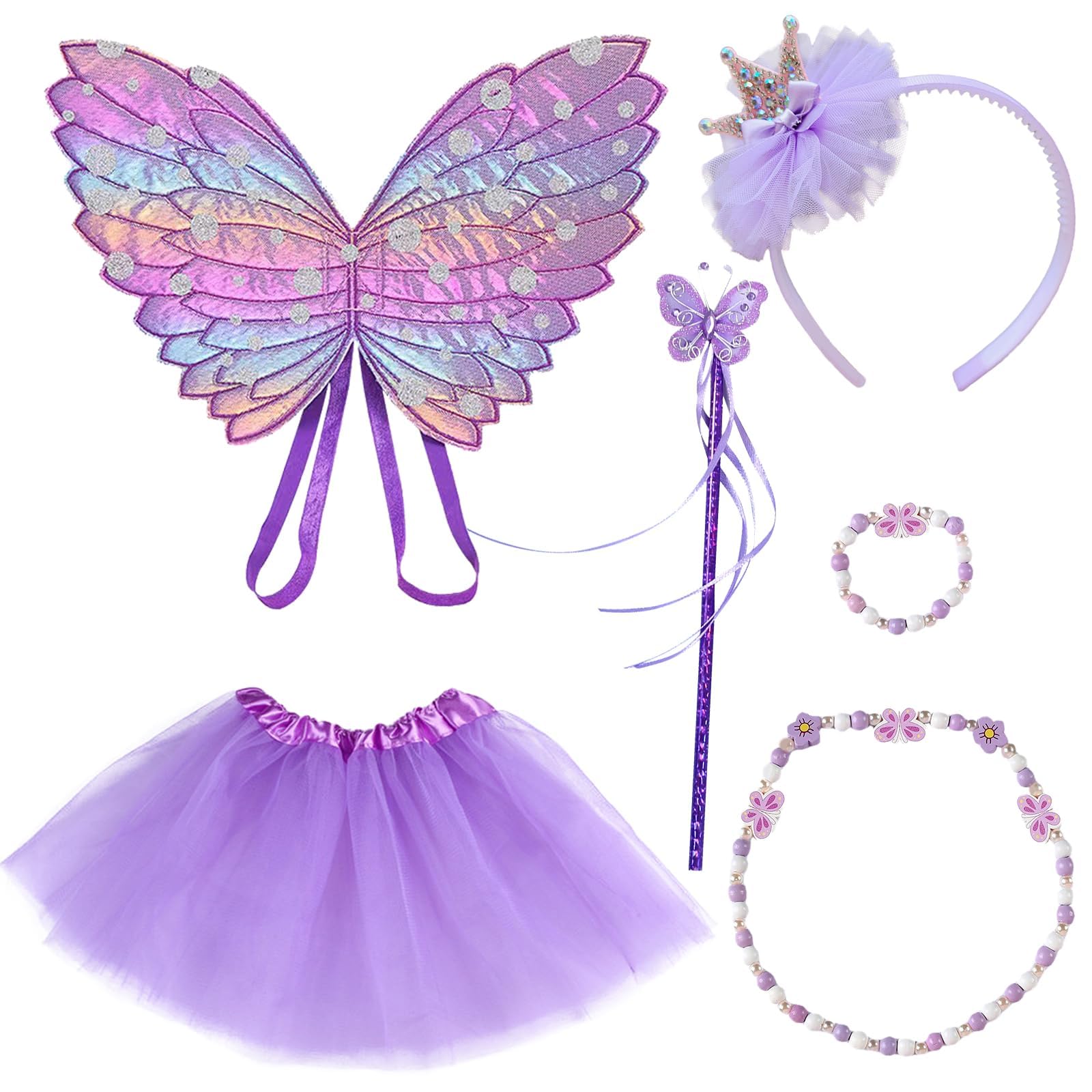 DKDDSSS 6 PCS Fairy Costume, Butterfly Fairy Wings and Wand, Crown Crystal Tiaras, Tutu,Girl Butterfly Necklace, Fancy Dress Set for Party Costume Halloween Christmas