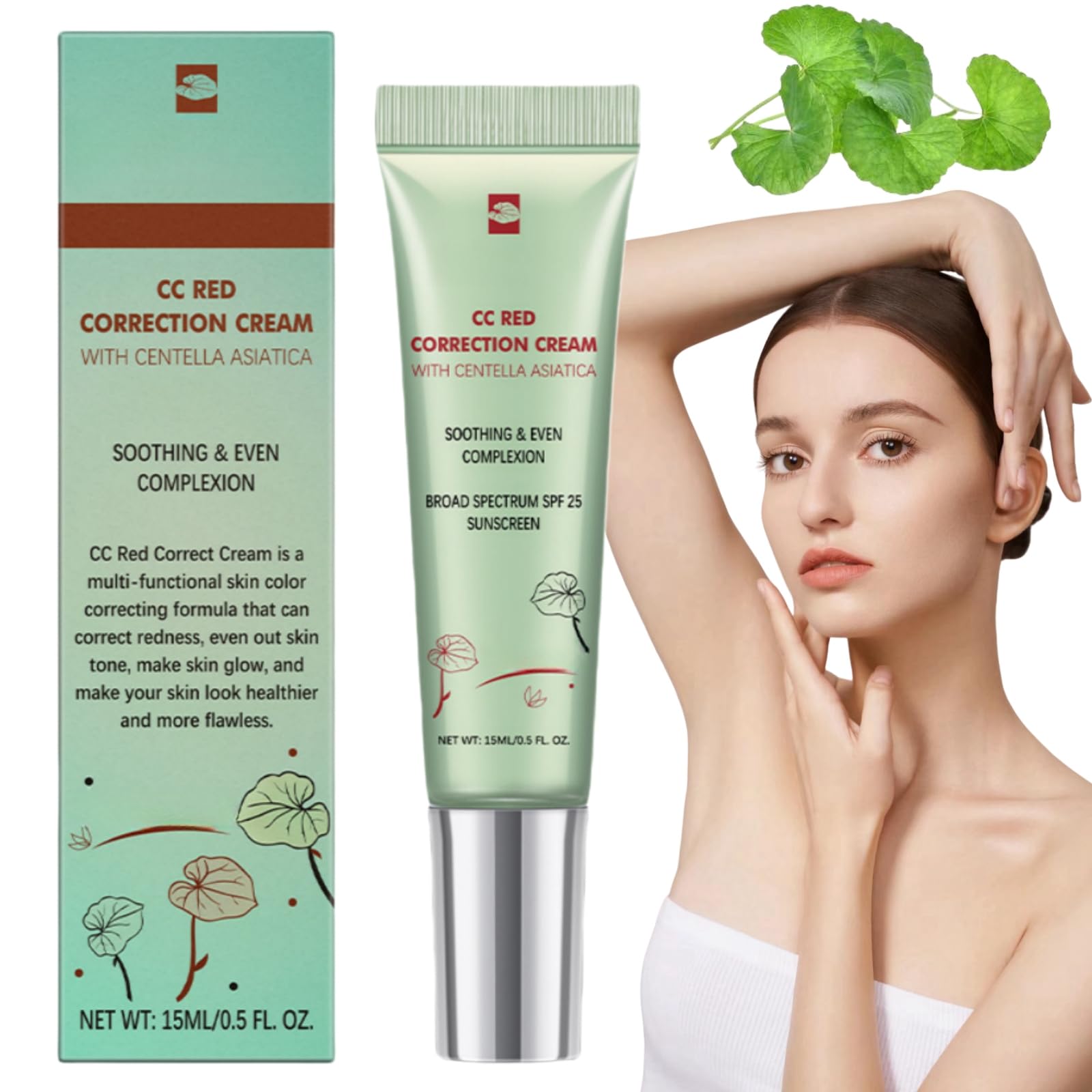 CC Red Correct With Centella Asiatica - Color Correcting Lightweight Skin Perfector Cream, Tinted Moisturizer With SPF 25, Full Coverage Foundation and Sunscreen
