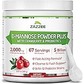 Zazzee D-Mannose Powder Plus, 2000 mg, 67 Servings, Potent & Fast-Acting, Plus 5 Billion CFU Probiotics and Pure Cranberry Juice Extract, Kosher, Free Scoop, 6.67 Oz, Gluten-Free, Non-GMO All-Natural