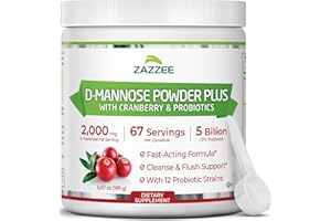 Zazzee D-Mannose Powder Plus, 2000 mg, 67 Servings, Potent & Fast-Acting, Plus 5 Billion CFU Probiotics and Pure Cranberry Juice Extract, Kosher, Free Scoop, 6.5 Oz, Gluten-Free, Non-GMO, All-Natural