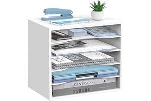 SHARKWOODS 5-Tier Wood Desk Organizer, Paper Tray Organizer for Desk with Adjustable Storage Shelves, Desktop File Organization Paper Sorter Mail Holder for Office Home Classroom, White